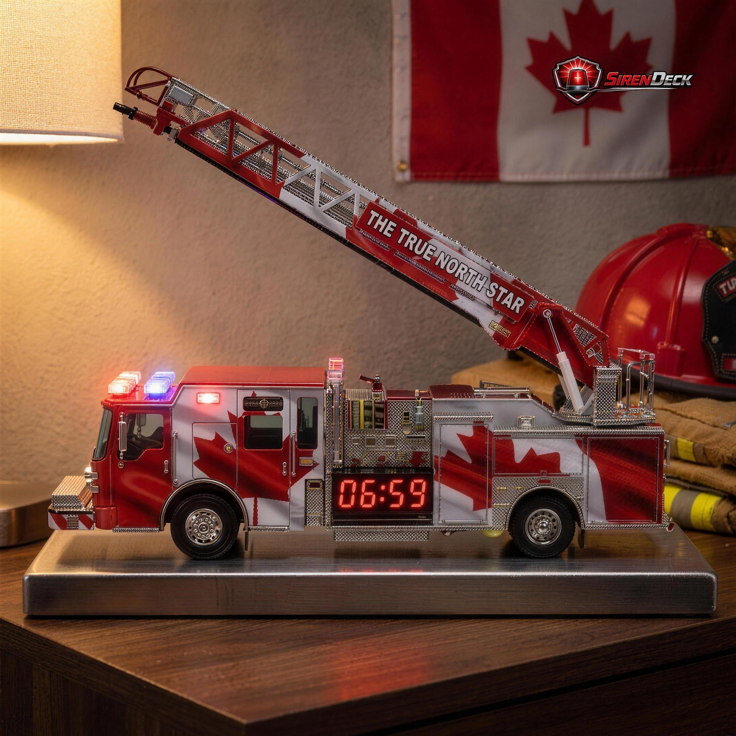 True North Star on nightstand with lights glowing