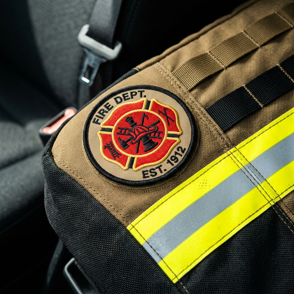 Firefighter seat cover crest and reflective stripe detail